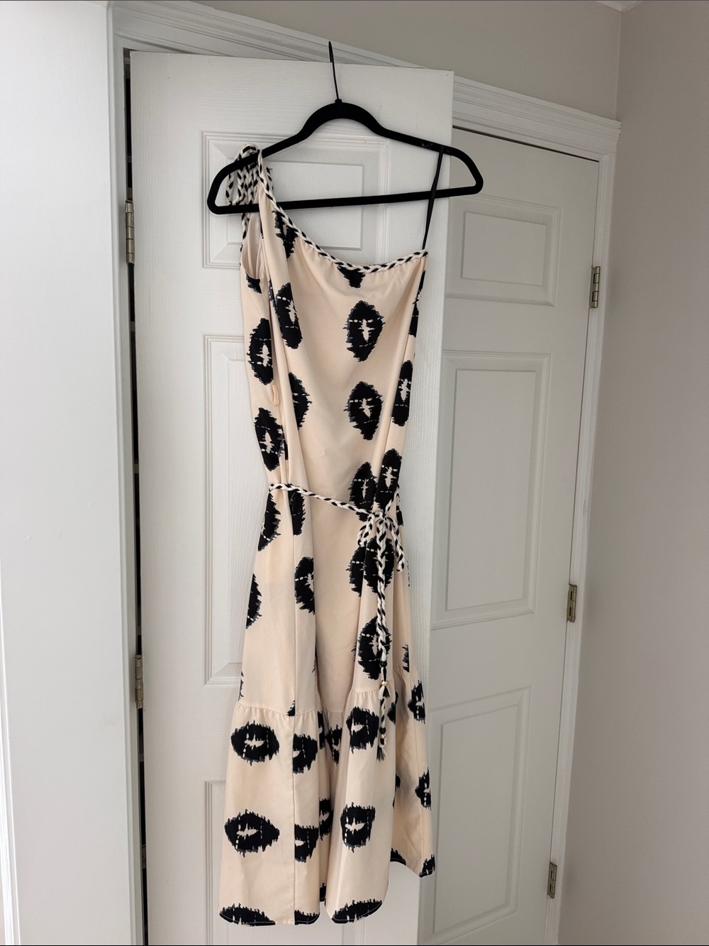 One-Shoulder Cream Dress with Black Abstract Print